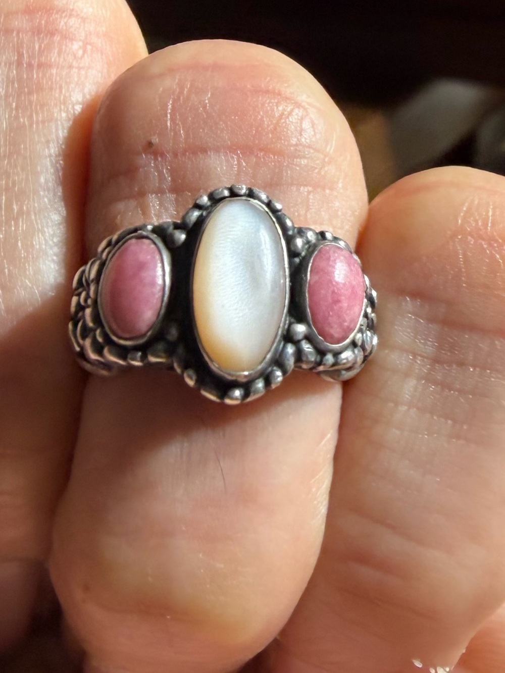 Vintage Carolyn Pollack 925 Sterling Silver Rhodochrosite Mother Of Pearl Ring 5